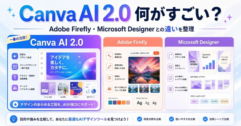 Canva AI 2.0は何がすごい？Adobe Firefly・Microsoft Designerとの違いを整理