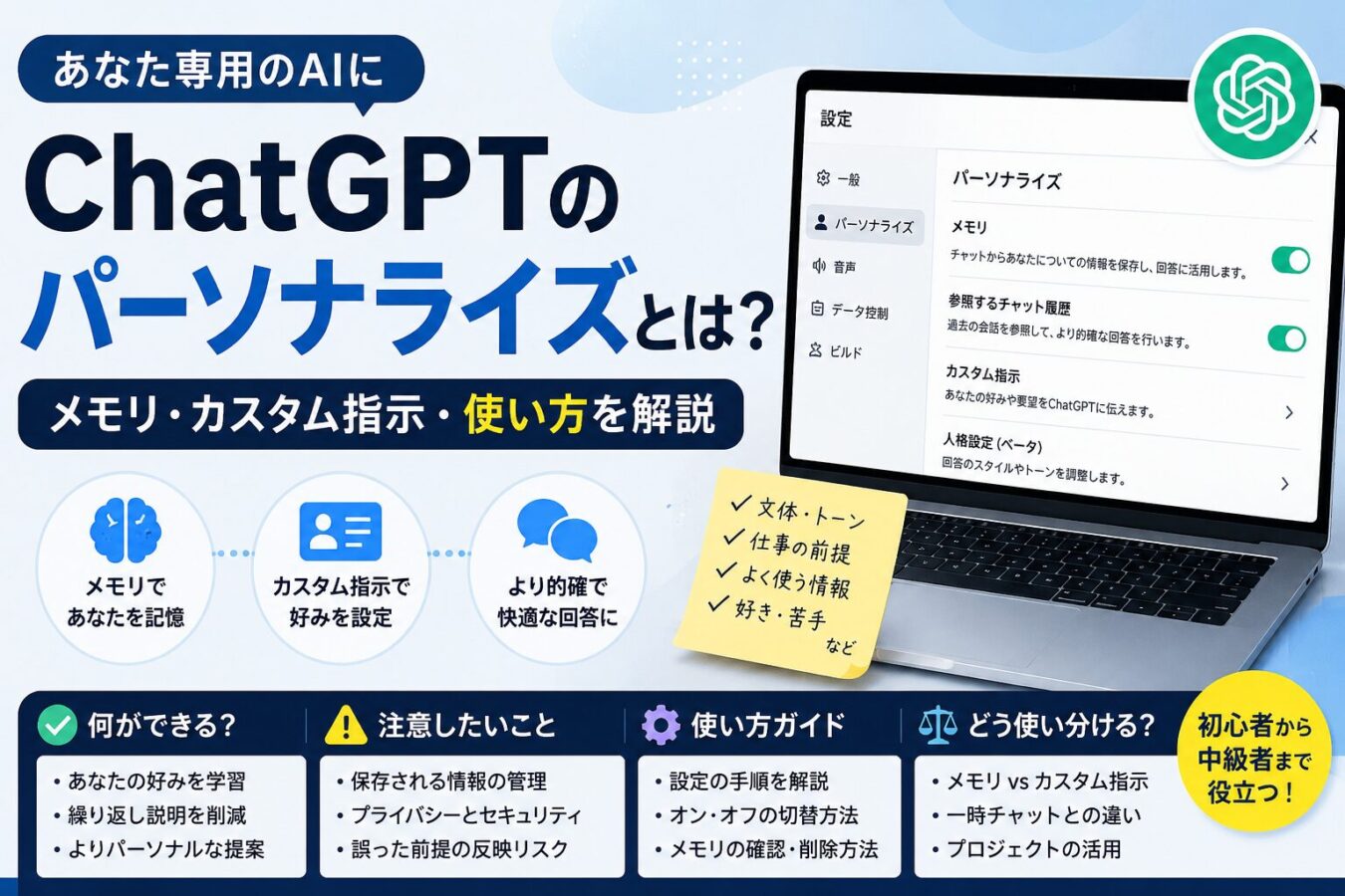 ChatGPTのパーソナライズとは？メモリ・カスタム指示・使い方を解説
