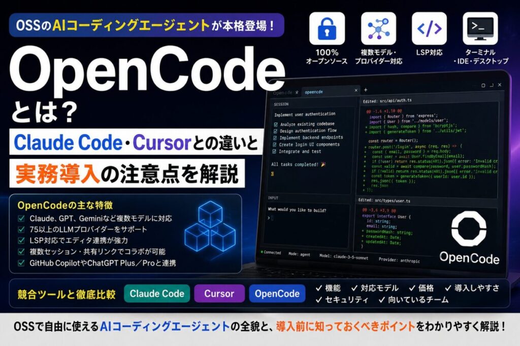 OpenCodeとは？Claude Code・Cursorとの違いと実務導入の注意点を解説