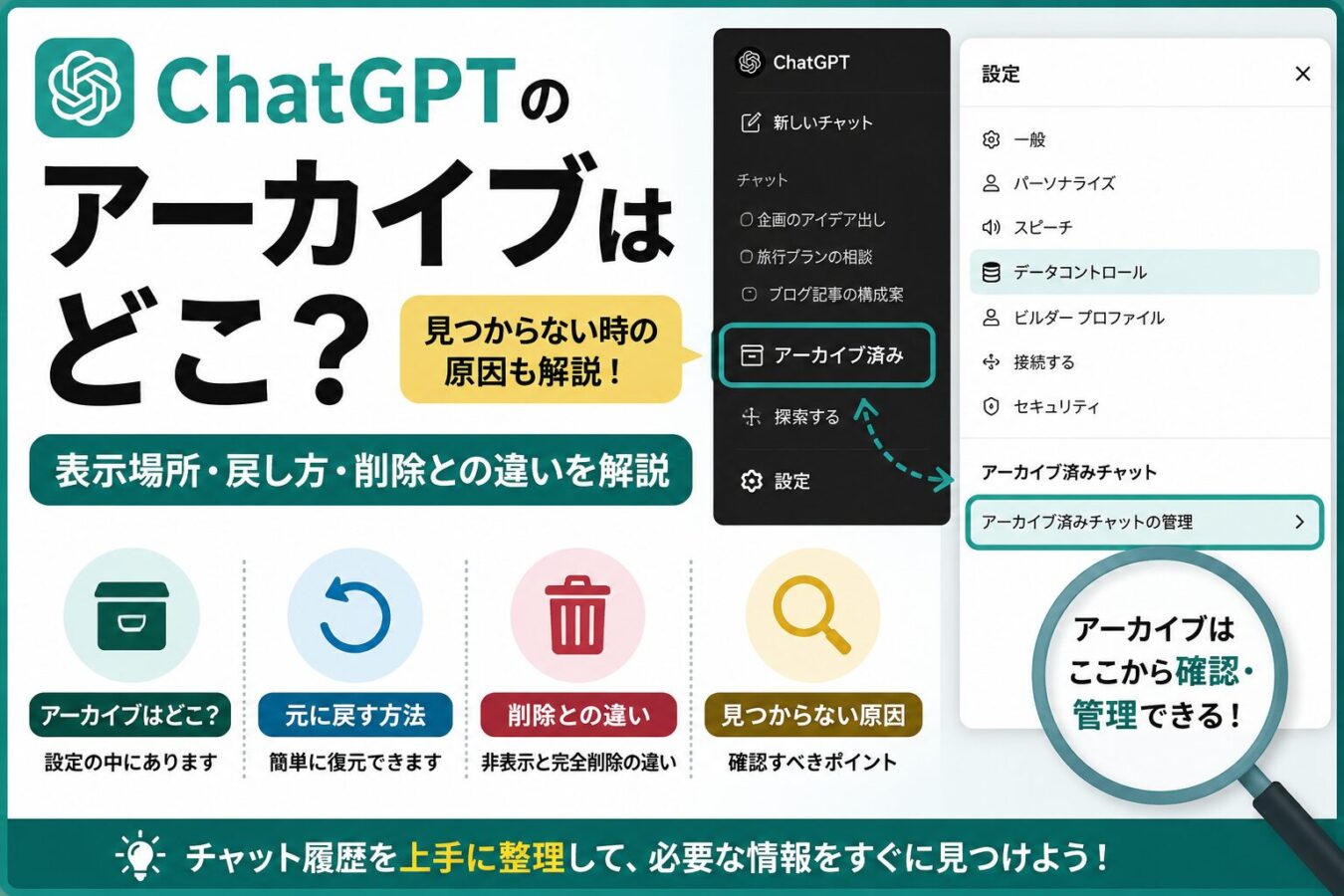 ChatGPTのアーカイブはどこ?表示場所・戻し方・削除との違いを解説